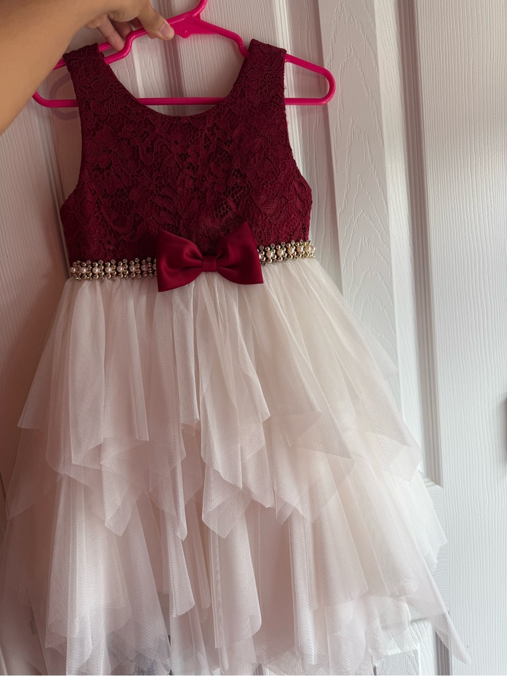 American Princess Burgundy Lace Bodice Ivory Tulle Dress with Pearl Belt and Bow